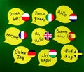 Learning foreign languages courses. Phrase greetings in different languages. Flags of the countries of the studied languages Royalty Free Stock Photo